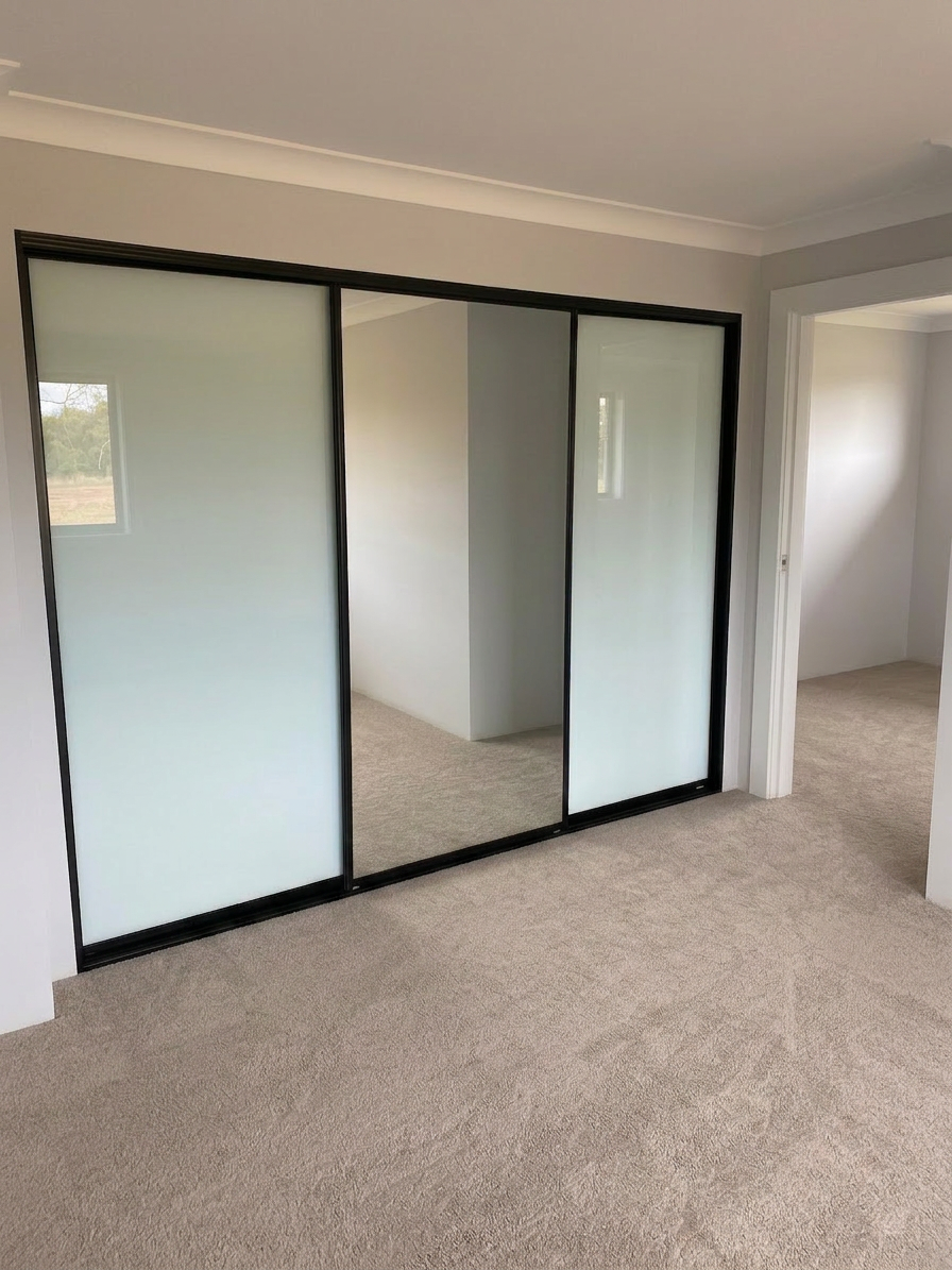 Combination Mirror and Frosted Glass Infills with Black frames and Tracks