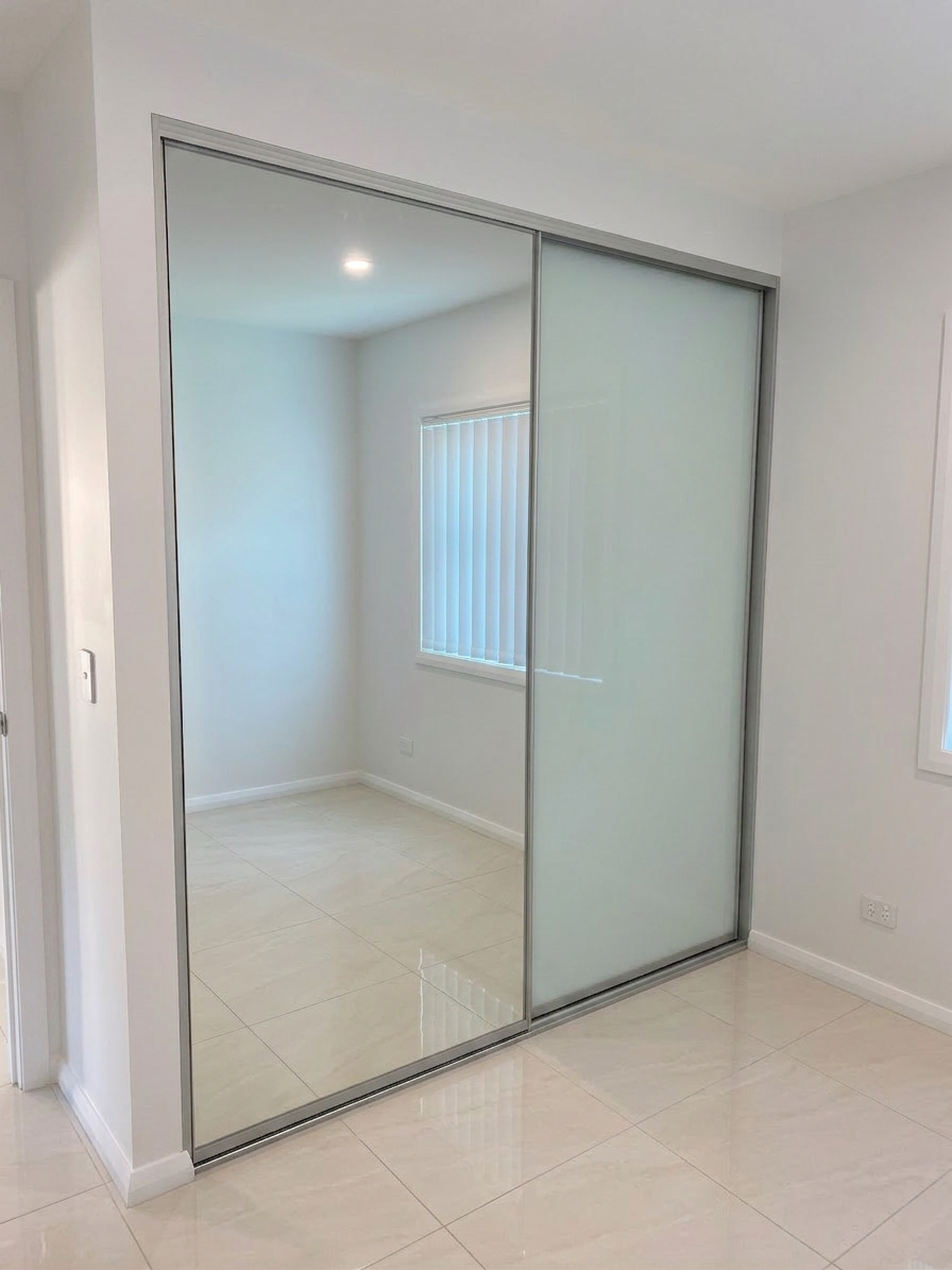 Combination Mirror and Frosted Glass Infills with Matt Silver Frames and Tracks